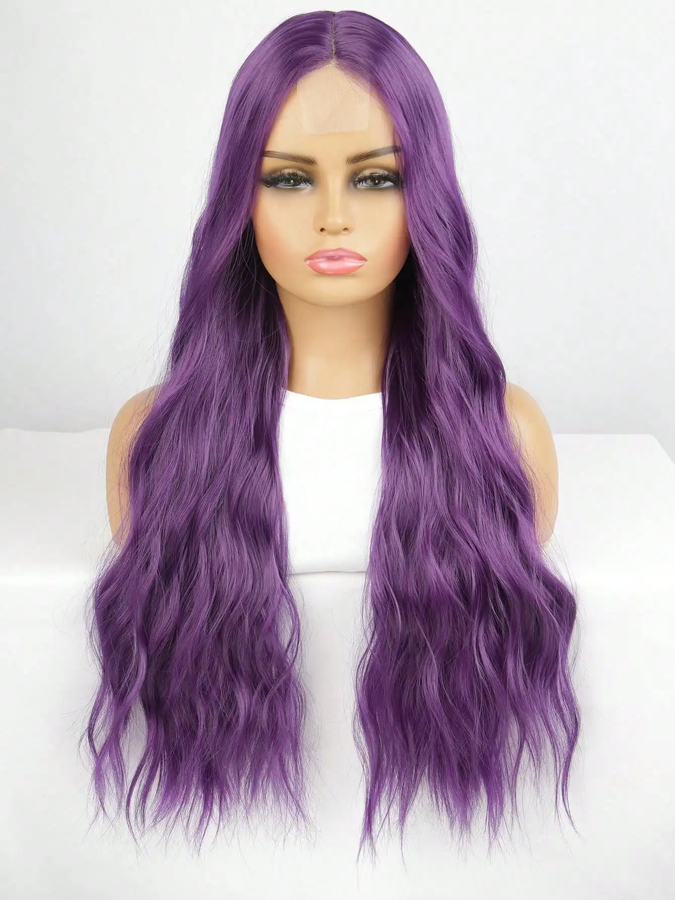 باروكة دانتيل أرجوانية مع موجات جسم طويلة، باروكة صناعية مقاومة للحرارة وخالية من 28 بوصة للحفلات التنكرية النسائية، إلخ