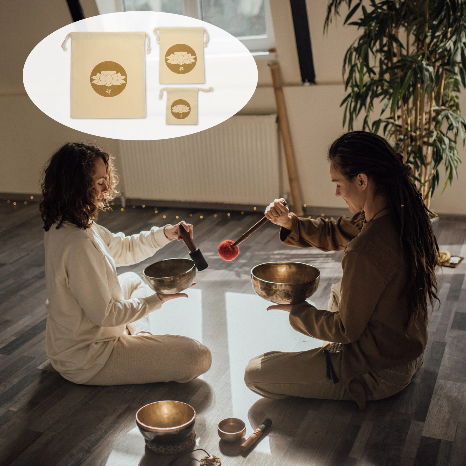 

3Pcs Buddhist Singing Bowl Drawstring Bags Durable Compact Tibetan Sound Bowl Pouches Meditation Carry Storage