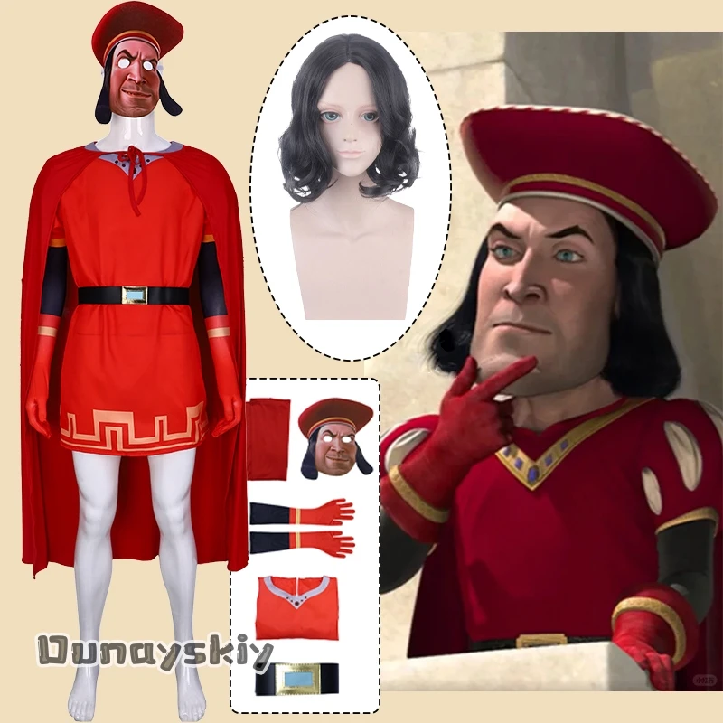 

Lord Farquaad Cosplay Anime Costume Cloak Glove Hat Uniform Medieval Role-playing Halloween Party Red Outfit For Kid Women Men