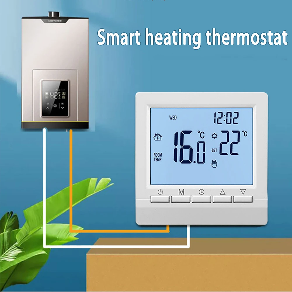 Termostato inteligente con retroiluminación, controlador programable de batería AA con bloqueo para niños, controlador de temperatura de calefacción de caldera de Gas para el hogar