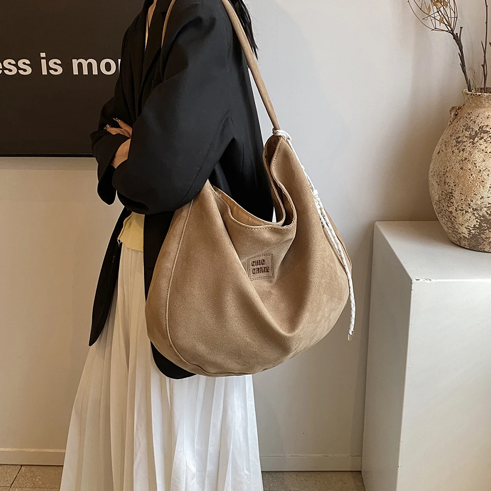 

Women Suede Bucket Bag Magnetic Closure Handbag With Interior Pocket Crescent Bag Tote Bag For Work Travel