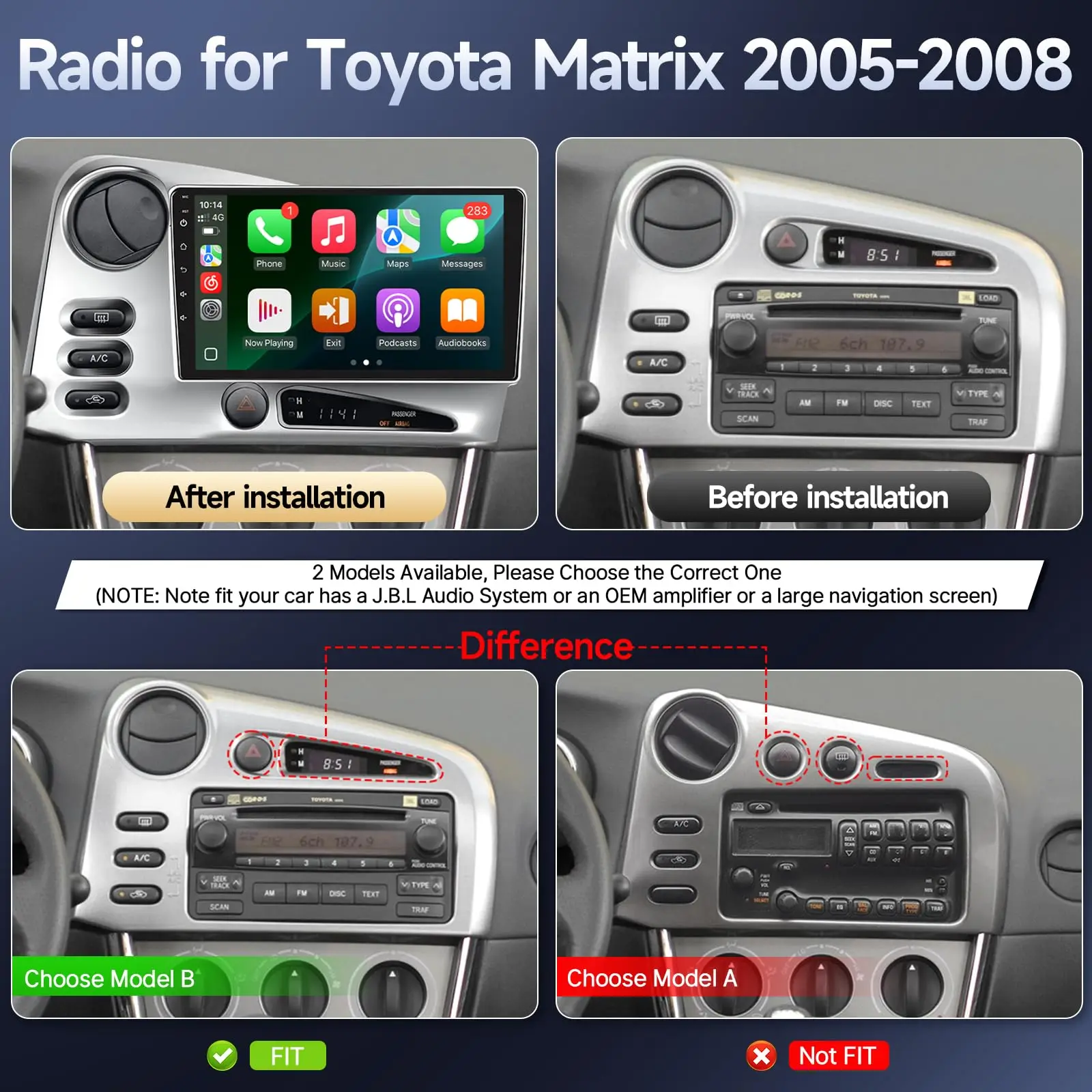 9 inch IPS Screen for Matrix 2005-2008 Stereo with Wireless CarPlay/Android Auto/Bluetooth/FM/AM/EQ/Mirrorlink/SWC/Camera/MIC