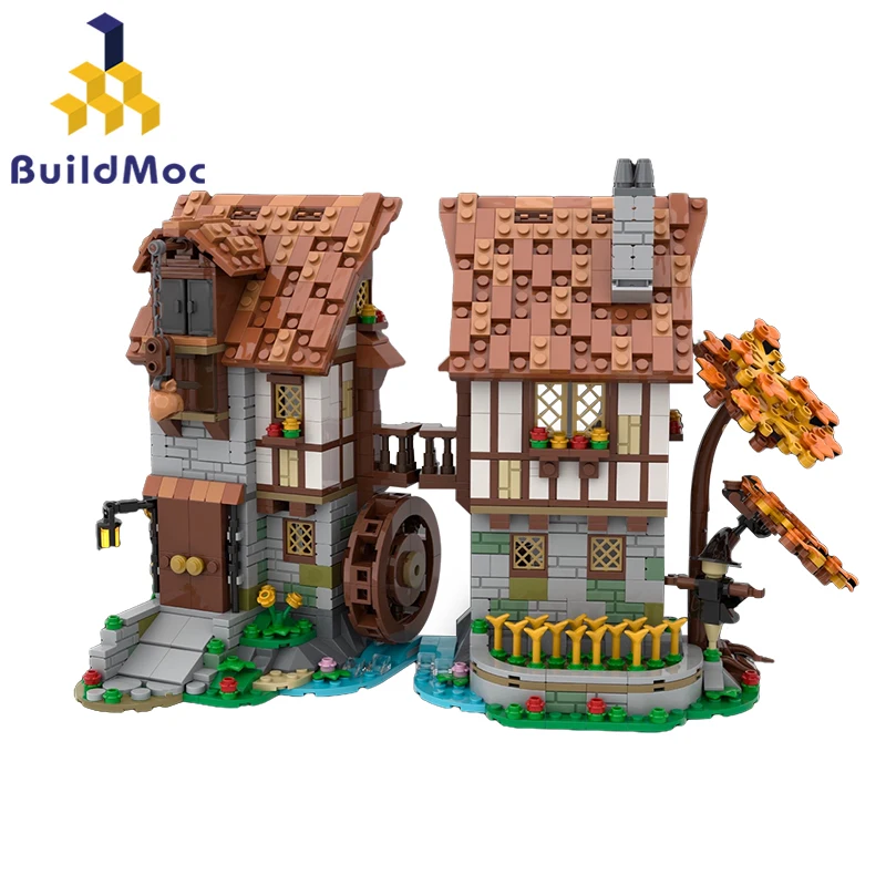 

BuildMoc Medieval Black Falcons Watermill Building Blocks Set Tavern Smithy Architecture House Bricks Toys For Children Kid Gift