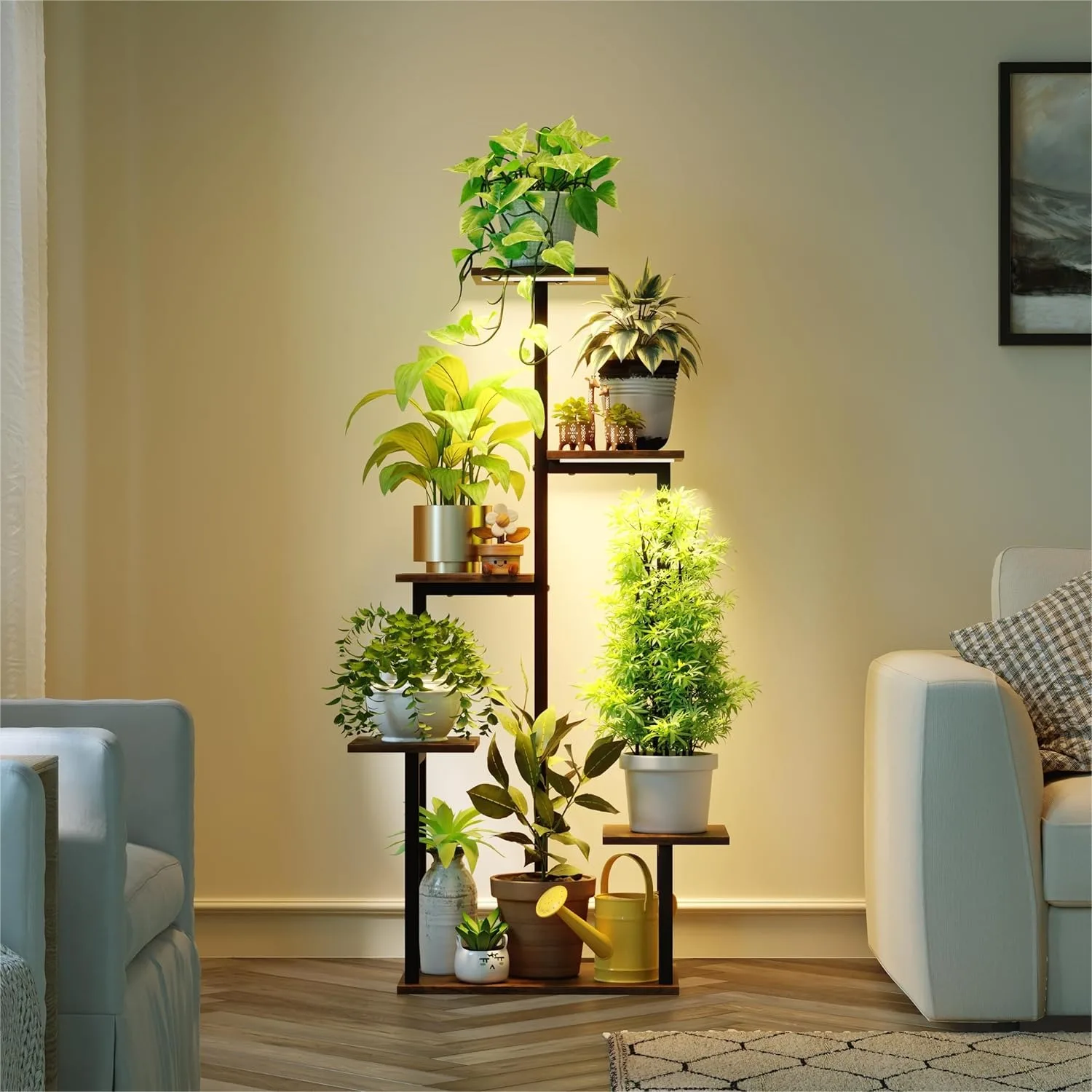 

Plant Stand Indoor with Grow Lights, Tiered Corner Shelf Small Metal Lighted Flower Rack