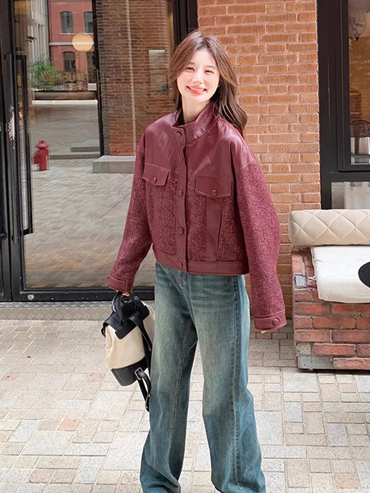 슈퍼 잘 생긴 접합 빨간색 가죽 자켓 여성 2025 봄 새로운 스타일 복고풍 패션 작은 스탠드 칼라 유행 재킷