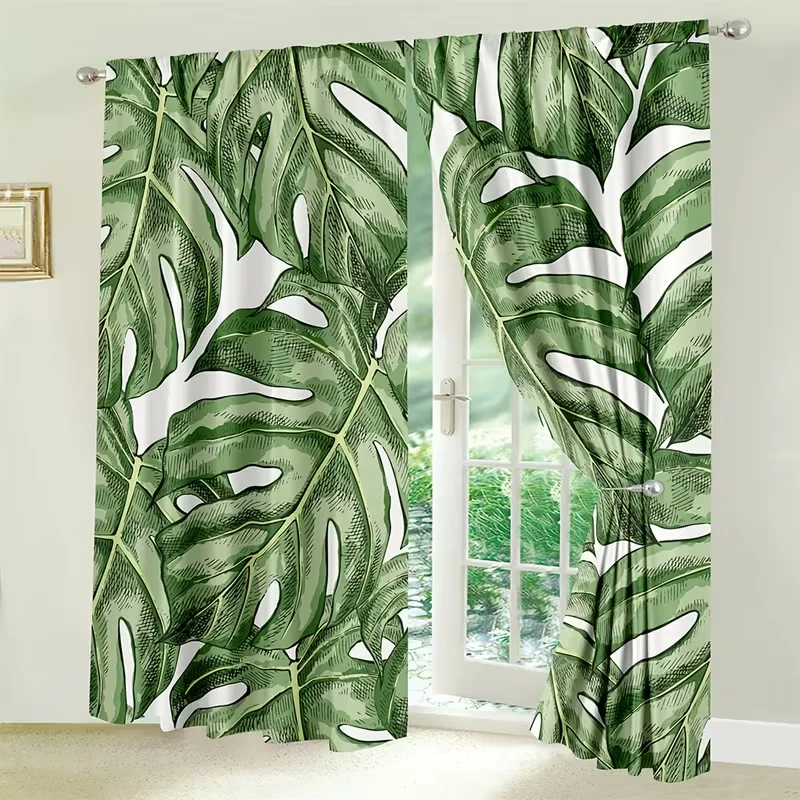2 Stück grüne Monstera-Blatt-Vorhänge, botanischer Druck, Lichtfiltervorhänge, tropische böhmische Heimdekoration für Wohnzimmer, Schlafzimmer