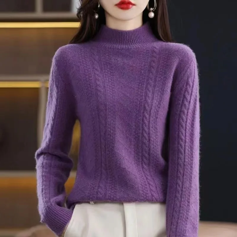 

2024 Autumn and Winter Cashmere Sweater Women Knitted Mock Neck Sweater Women Loose Fashion Cashmere Sweater Women
