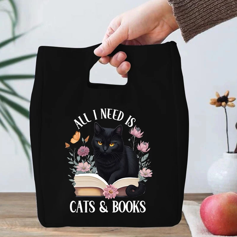 Thermal Bento Bag Cats and Books Print Women Insulation Portable Pouch Food Picnic Fresh Cooler Lunch Bag for School Student