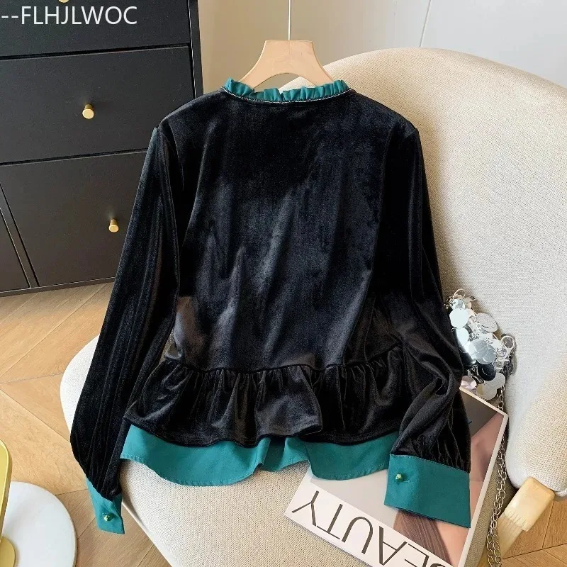 Stile cinese Chi-pao collare Design velluto nero top capodanno 2024 primavera donna data ragazze bottone spacco camicia camicetta Vintage