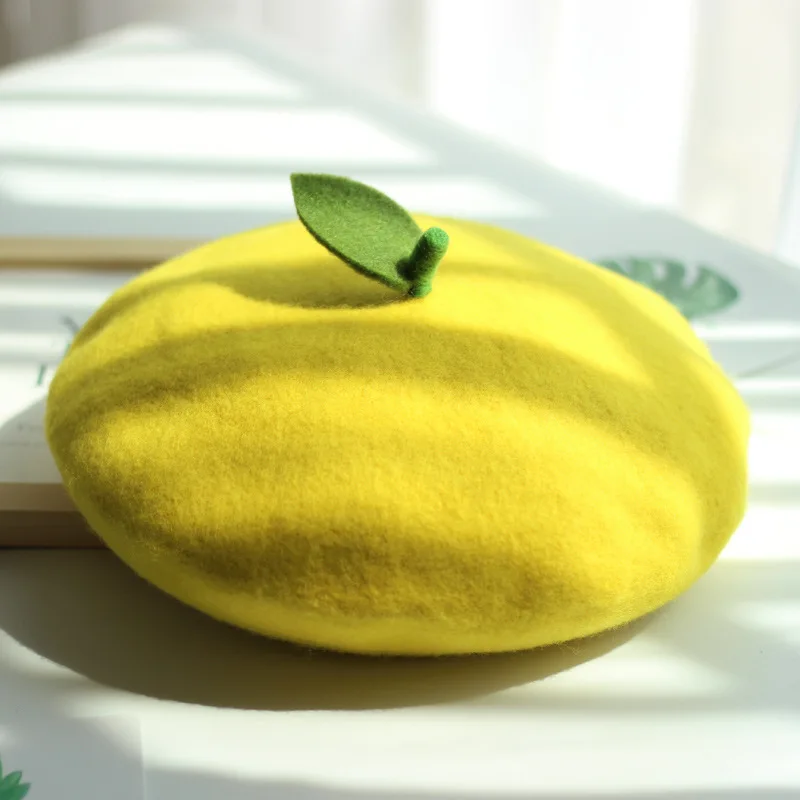 Funny Cute Fruit Design Orange Apple Winter Beret Cap For Women Solid Casual Warm Outdoor Girls Painter's Hat Bonnet Party Gift view 3