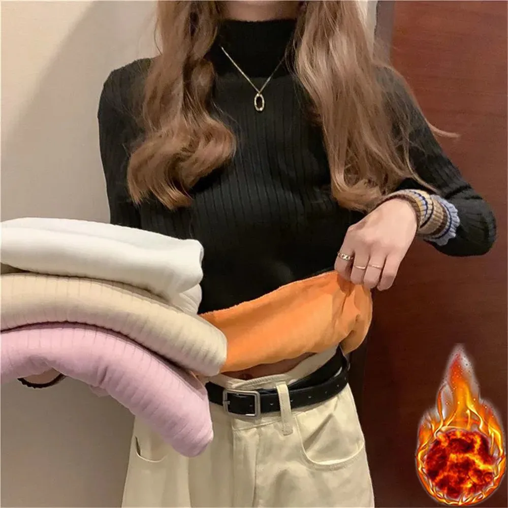 

Winter Plus Velvet Sweater Women Casual Long Sleeve Knitted Tops Basic Slim Half Turtleneck Korean Warm Elegant Knitwear Jersey