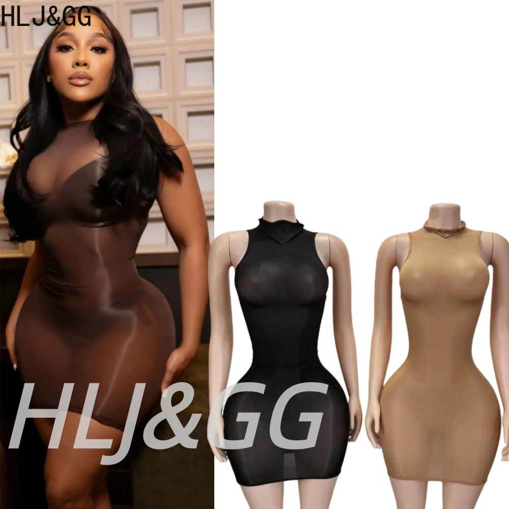 

HLJ&GG Sexy Mesh See Though Bodycon Mini Dress Women Sleeveless Slim Nightclub Party Vestidos Hot Girl Sheer Dresses Streetwear