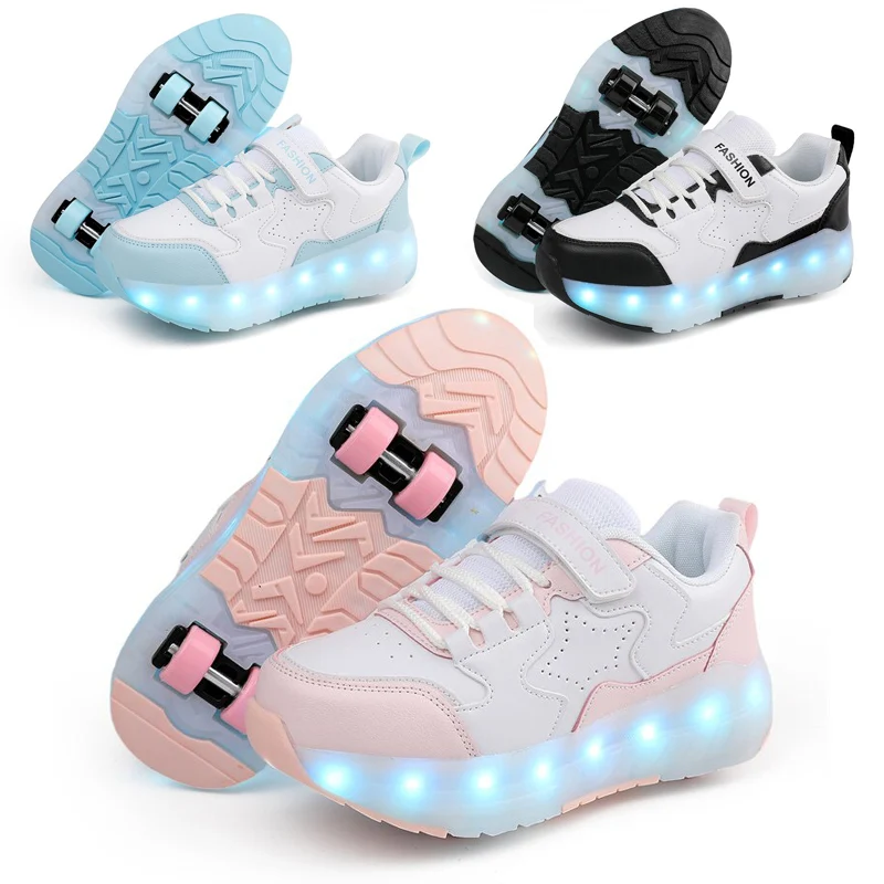 Kid Led Sneakers USB Opladen Lichtgevende Schoenen Outdoor Sport Rolschaatsen Kinderen Vier Wielen Jongens Meisjes Casual Schoenen Gloeiend