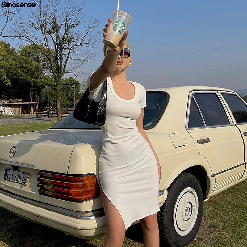 Abito da donna aderente T-shirt a maniche corte con volant Abito estivo casual con spacco laterale Abito longuette slim fit Y2K Abito estivo da strada per uscire