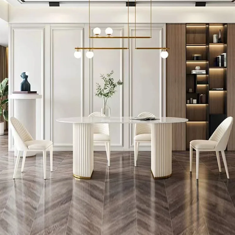 طاولة طعام ذات بلاطة صخرية فاخرة وخفيفة الوزن ومجموعة كرسي طاولة طعام حديثة وبسيطة على الطراز الكريمي #3