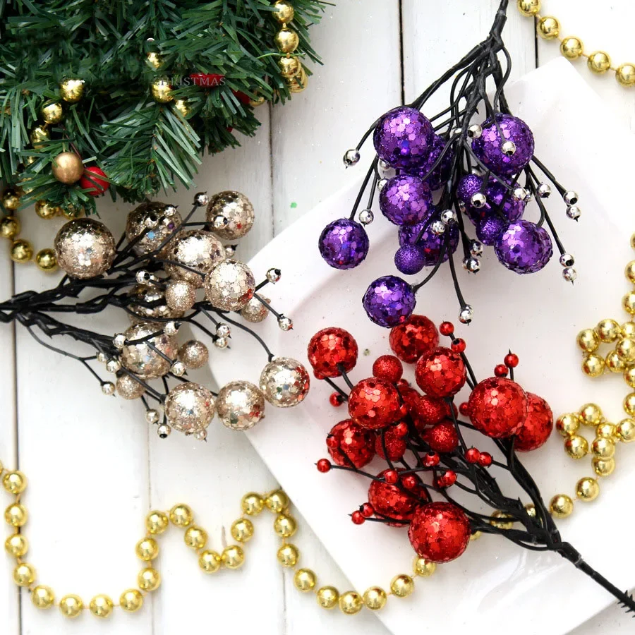 Artificial Christmas Decoration Glitter Sequins Red Fruit Branches Cuttings Christmas Tree Garland Accessories New Year Home Dec