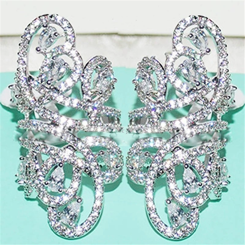 Big Sparkling 925 Sterling Silver Rings For Women Luxury Leaf Pave Simulated Diamond Cocktail Wedding Rings sets Fine Jewelry