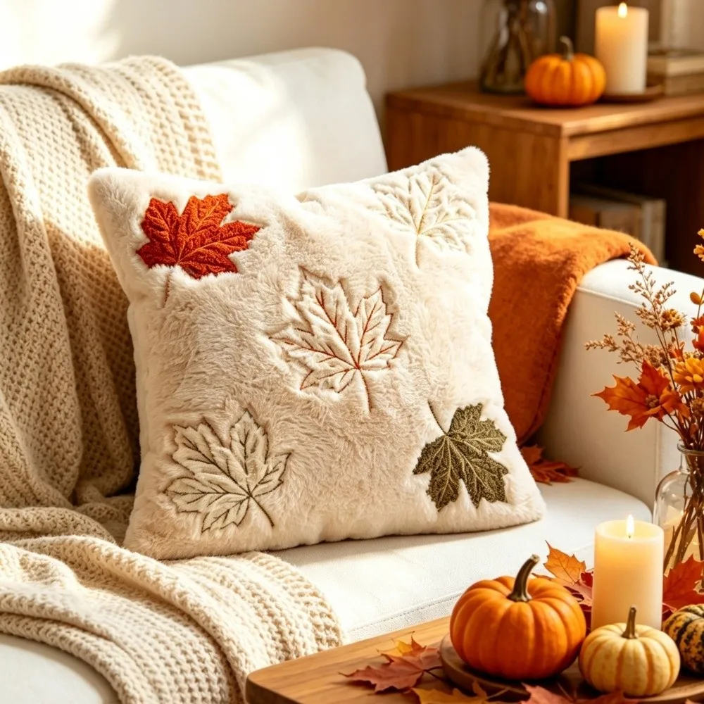 Pumpkin Maple Leaf Embroidery Throw Pillowcase Soft Fuzzy Texture Pillow Cover Autumn Cushion Case Thanksgiving Decor