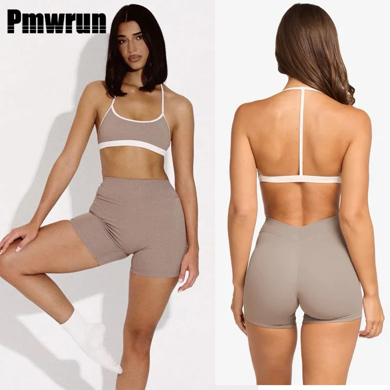 

PMWRUN Women's Halter Neck Yoga Two - Piece Set, Biker Shorts Included, Comfortable Durable for Daily Yoga Practice