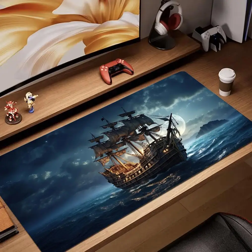 Ghost Pirate Ship Large Gaming Mouse Pad Midnight Ocean Moonlight Sailing Vessel Non‑Slip Rubber Extended Desk Mat