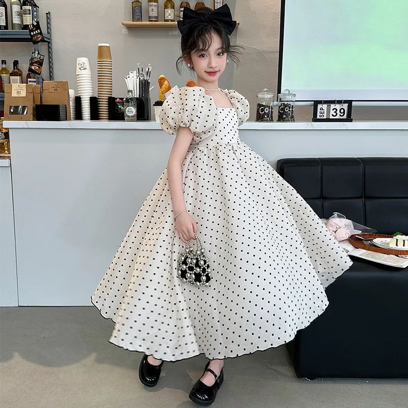 

Girls Dress 2024 Summer New Princess Style Foreign Style Big Children Summer Princess Dress Puffy Sleeves Polka Dot Skirt