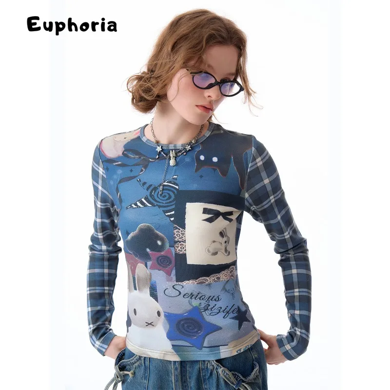 تي شيرت Euphoria Y2K غير رسمي منقوش بأكمام طويلة ورقبة مستديرة تي شيرت نسائي صيفي موضة 2000S تي شيرت علوي
