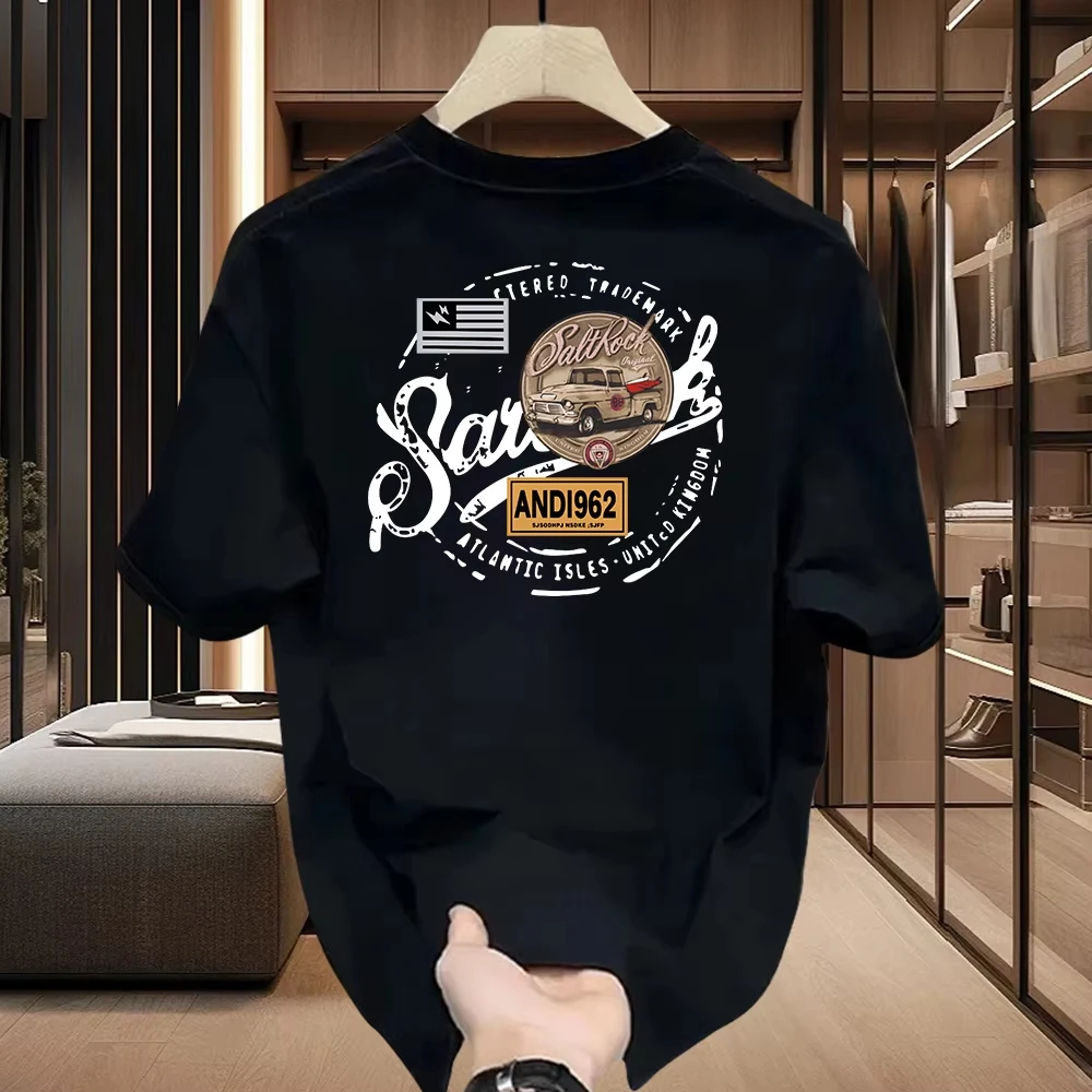 2026 Casual crew neck t-shirt with cool retro truck & circular badge print on the back.Vintage letter graphic design, loose fit,