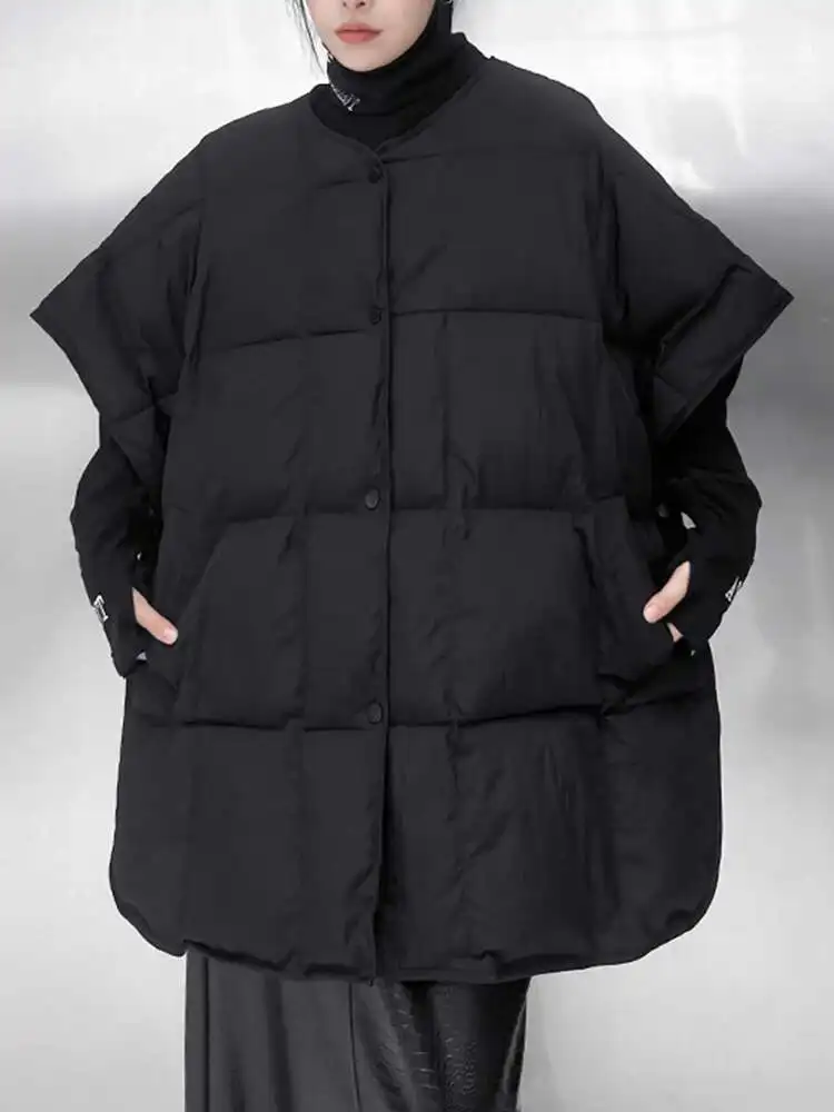 EAM Women Black Cotton-padded Keep Warm Casual Big Size Vest New O-neck Sleeveless Fashion Tide Autumn Winter 2025 1DH7424