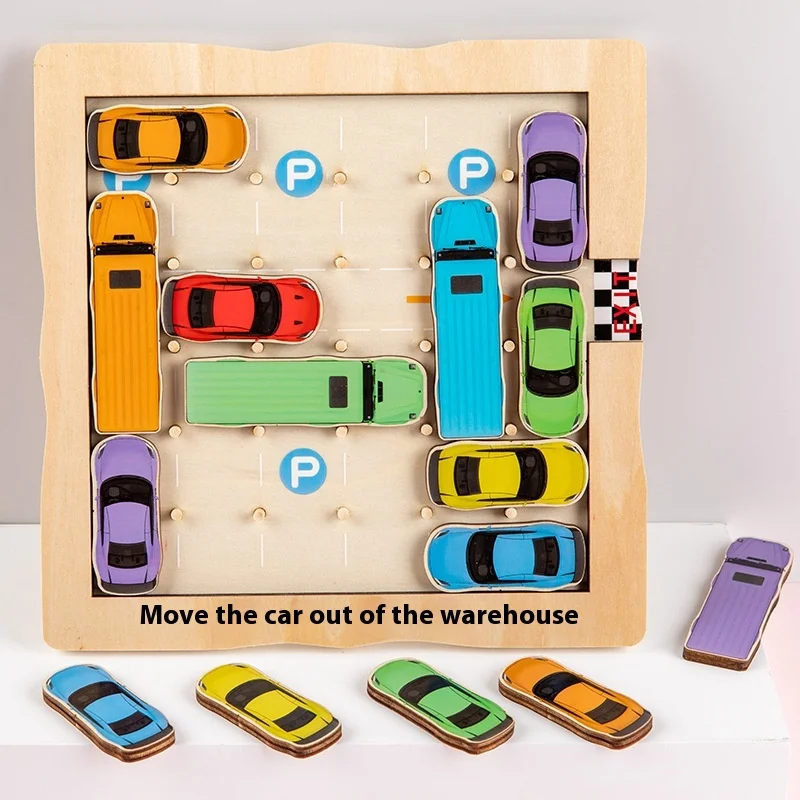 Moving The Car Out Of The Library Is A Wooden Car Game Toy That Exercises Children's Logical Thinking And Intelligenc