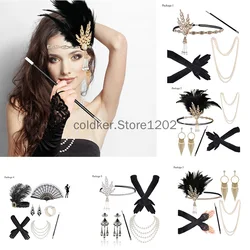 1920s Women Vintage Flapper Gatsby Costume Accessories Set 20s Headband Pearl Necklace Gloves Cigarette Holder Anime Earring Set