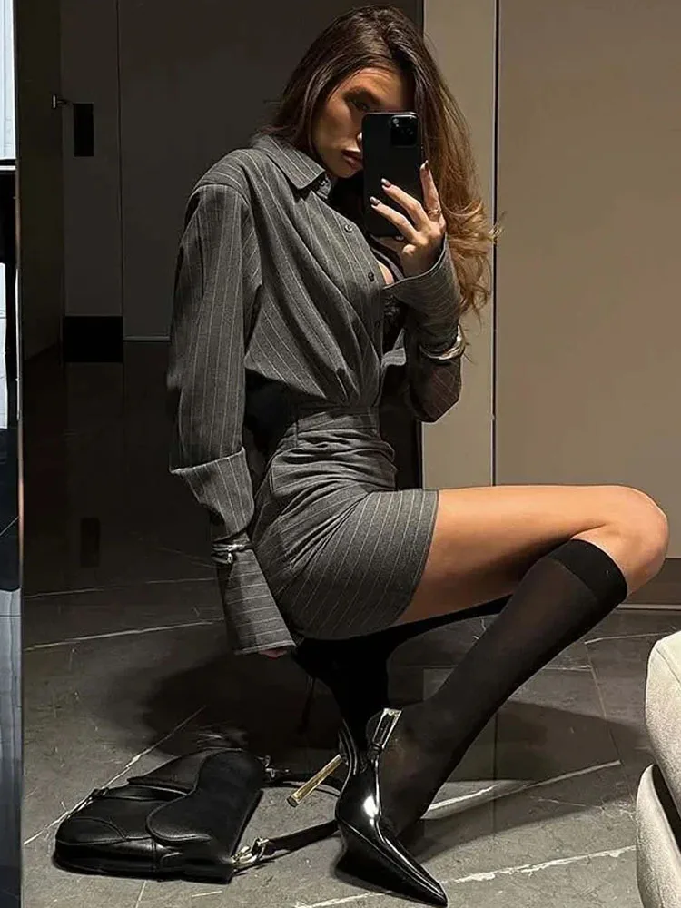 MCDV Elegant Striped Tops Skirts Set Women's Loose Lapel Single Breasted Shirt Slim Ruched Mini Skirt Female Chic Party Outfits