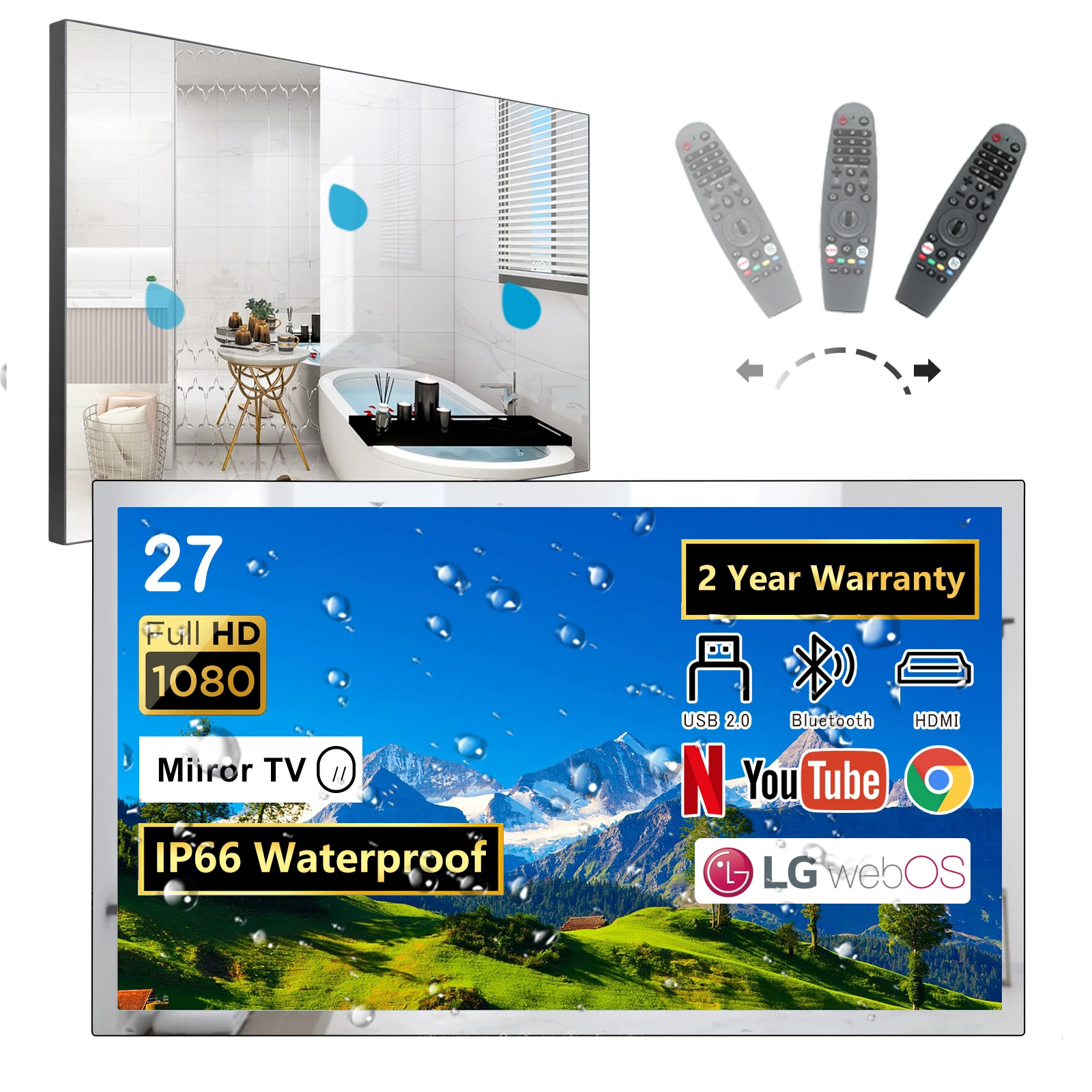 Soulaca 27 Inches 1080P Mirror Bathroom TV webOS Television WiFi Bluetooth Built-in Alexa Smart TV Voice Control ATSC Tuner