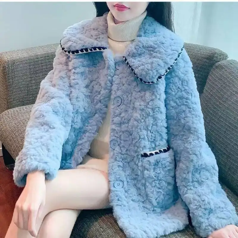 Abrigo de piel de cordero para mujer, chaqueta de conejo peludo, ropa de calle gruesa de Corea, Top de Cachemira de una pieza, 2022