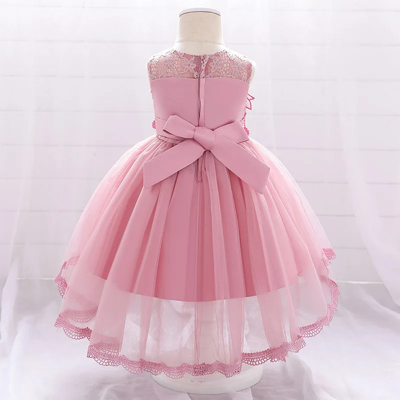 Cute Baby Girl Pink Princess Dress Newborn Kids 1st Year Birthday Party Embroidery Flower Costume Infant Bow Baptism Clothes