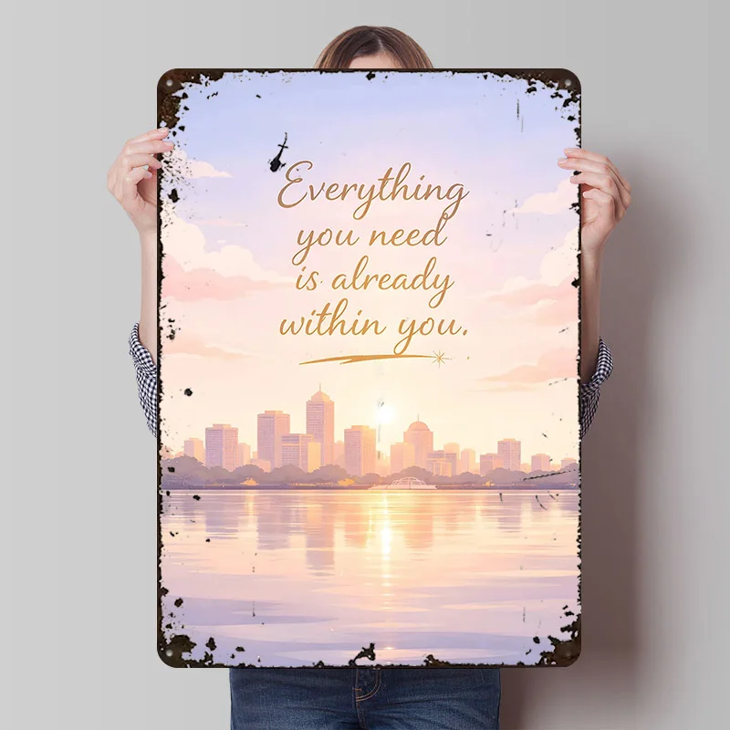 Inspirierendes Stadtlandschafts-Sonnenaufgang-Reflexions-Blechposter, Individuelle Wandkunst, Vintage Metallschilder, Retro-Blechplakette zur Raumdekoration