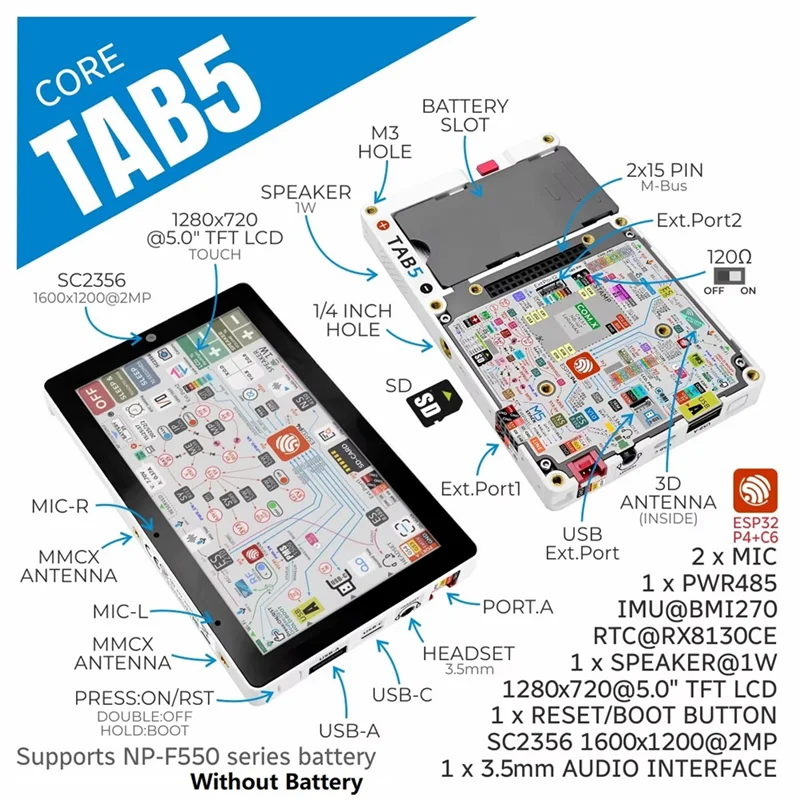 

AT93-для M5stack Tab5 Контроллер Iot Контроллер Iot ESP32-P4 + ESP32-C6 Контроллер Iot