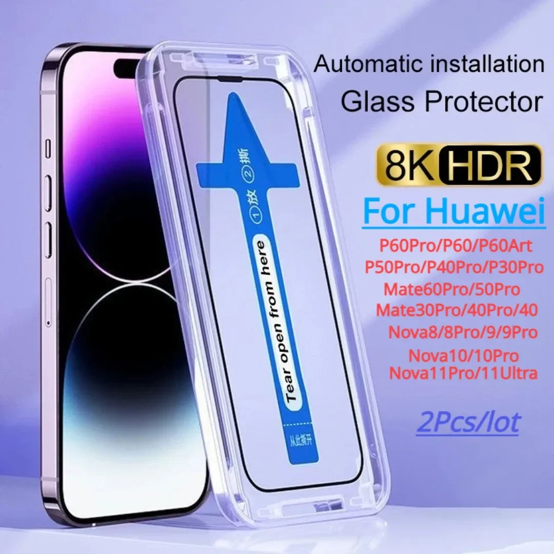 

2Pcs For Huawei P30 P40 P50 P60 Pro Screen Protector Mate 60 50 40 30 Tempered Glass Nova 8 9 10 11 With utomatic Installer Tool