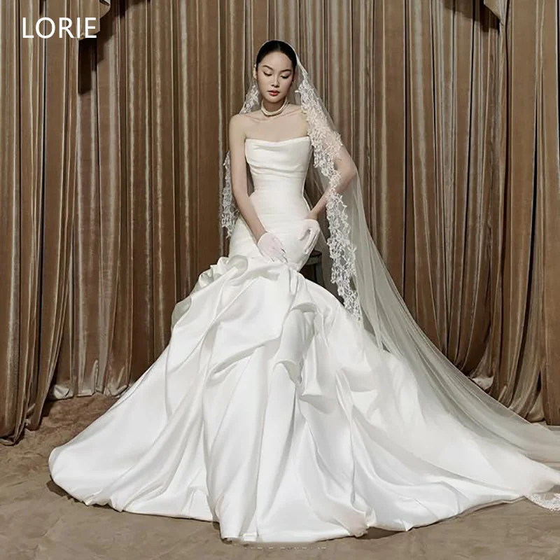 LORIE فساتين زفاف أنيقة من الساتان بدون حمالات طيات حورية البحر فستان حفلات العروس بطول الأرض فساتين زفاف مخصصة #1