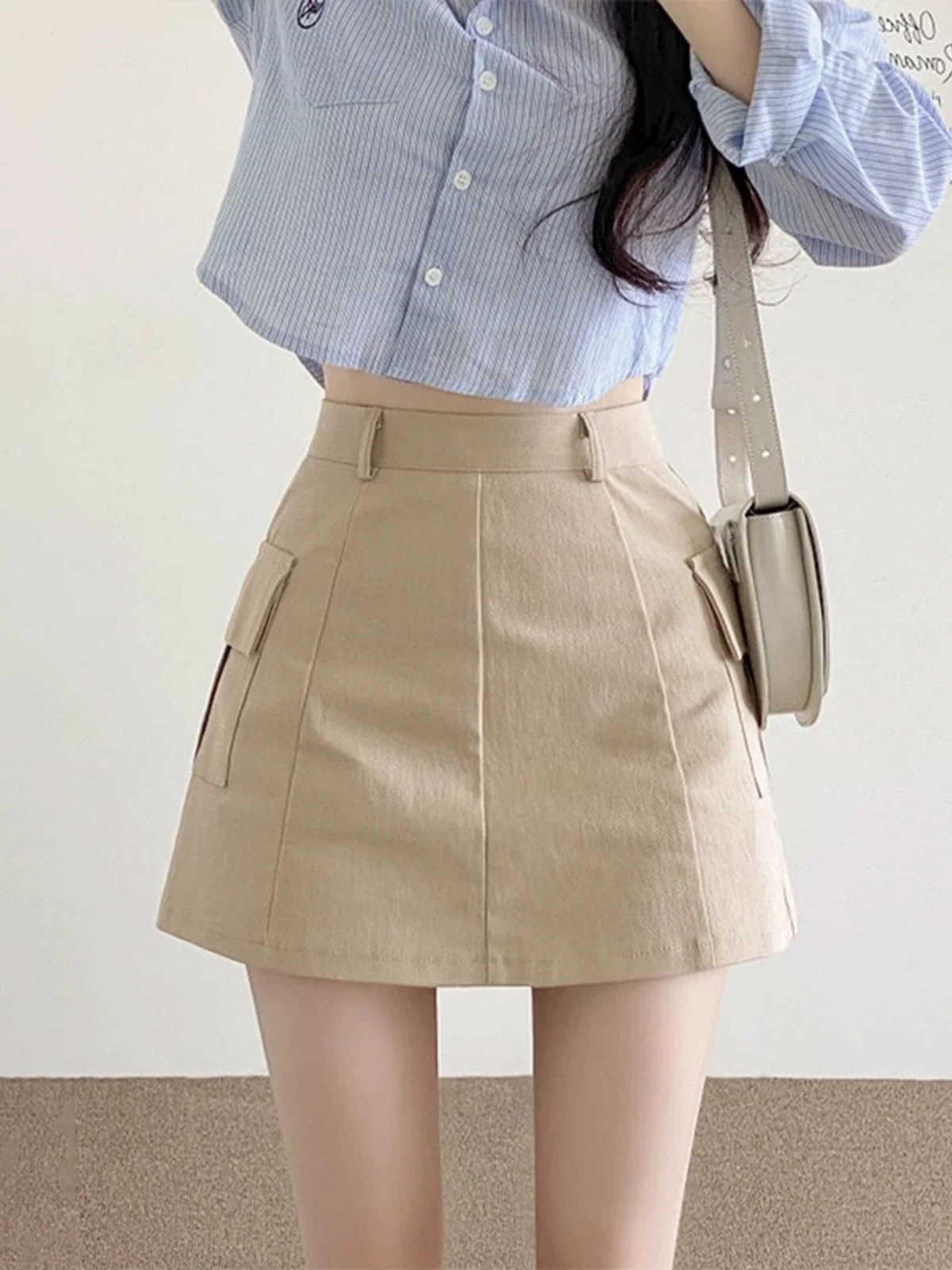 Khaki High Waist A-Line  Skirt Women's Casual Sle Skin-Friendly Breathable Cotton Workwear ort Skirt Spring Summer