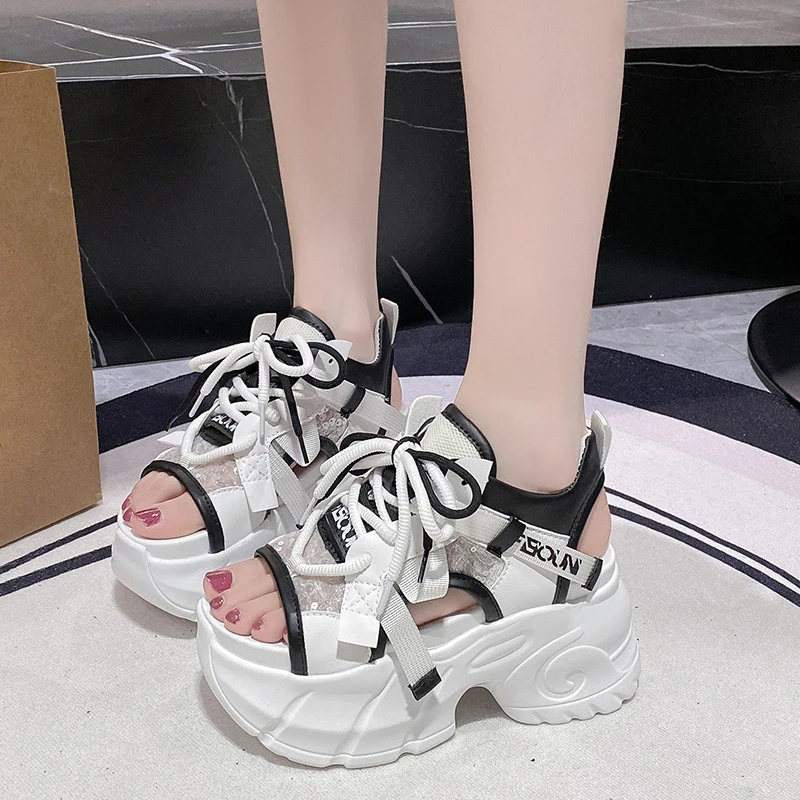 New Summer Women Leather Chunky Sandals High Platform Trainers Breathable Casual Slippers Shoes Woman 8.5CM Heels Wedge Sneakers