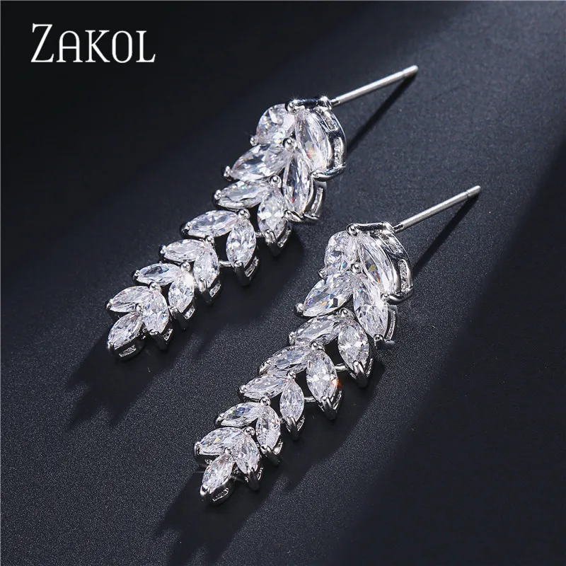 ZAKOL Fashion Cubic Zircon Leaf Pendant Earrings For Women Wedding Party Jewelry Gift EP040