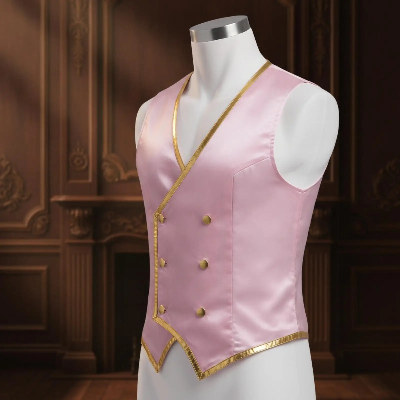 Men Roleplay Vest Steampunk Waistcoat Double Breasted Vintage Style V Neck Golden Trim Sleeveless Polyester Costume for Cosplay