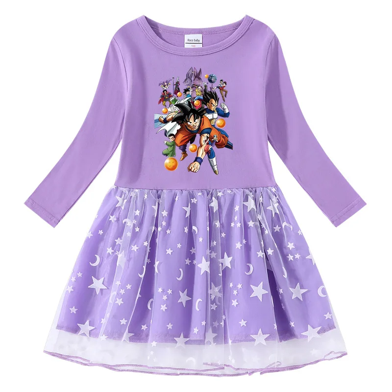 2023 Spring and Autumn New Dragon Ball Pure Color Cotton Printed Cartoon Star Moon Mesh Long-sleeved Princess Dress