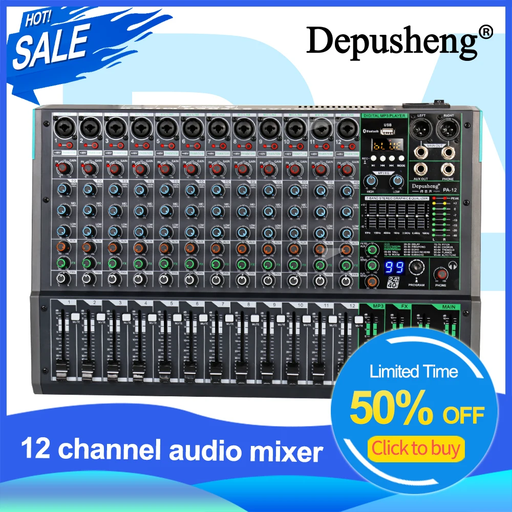 Professional 12-Channel Audio Mixer Depusheng PA12 Portable Sound Mixing Console with 48V Phantom Power For Dynamic Microphone