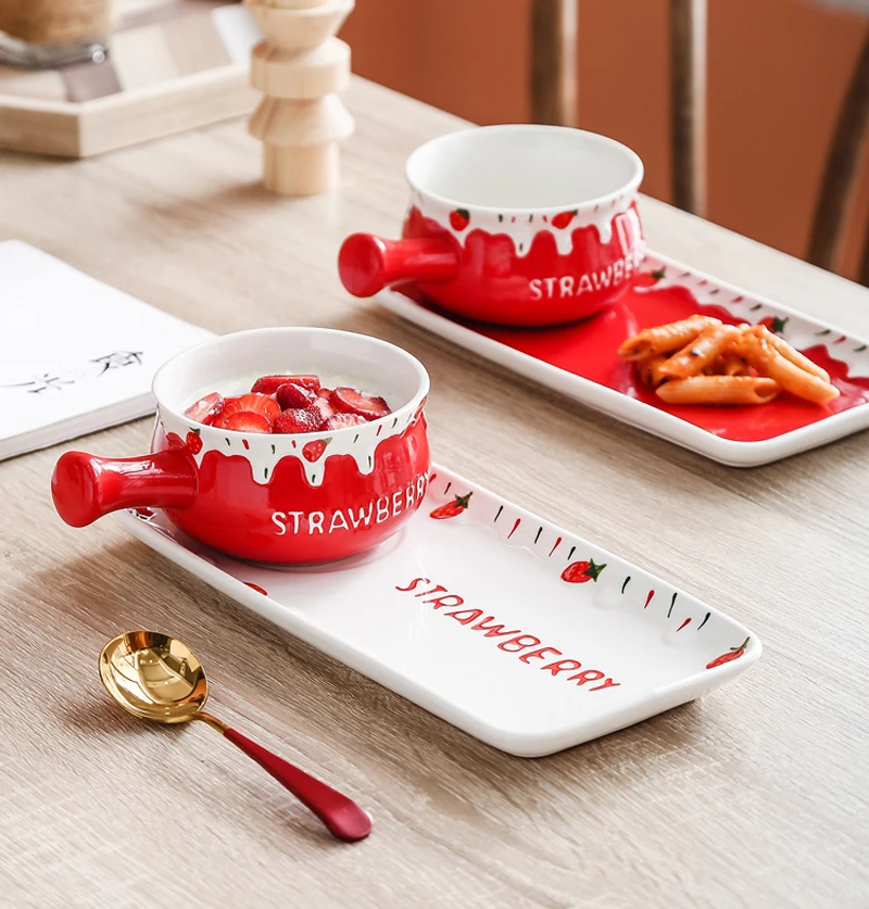 2pcs Set, Embossed Porcelain Morning Cereal Bowl and Plate Strawberry Design, Ceramic Snack with Tray, Verrine Dessert