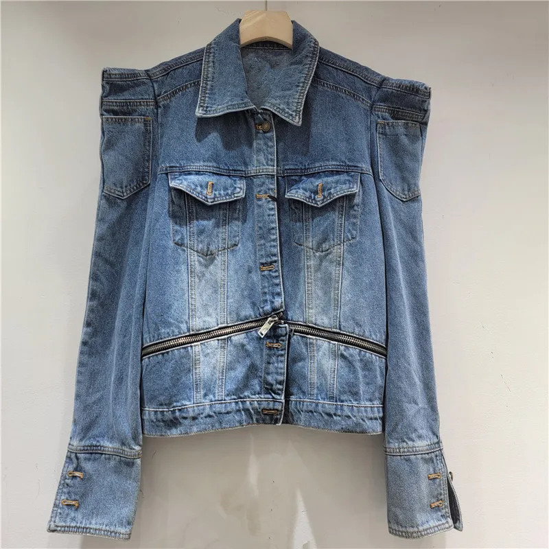

Niche Design Heavy Craft Denim Jacket for Women with Right Angle Shoulder Zipper Trendy, European American Style Women's Jacket