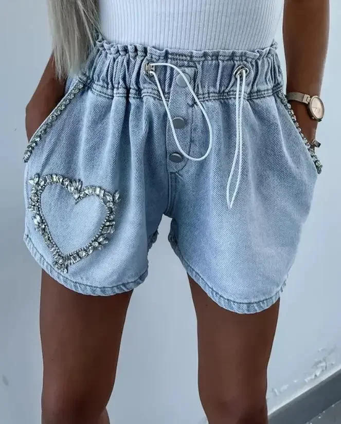 2024 Summer New Casual Fashion Shorts Temperament Commuting Rhinestone Heart Pattern Drawstring Denim Shorts for Women Y2K