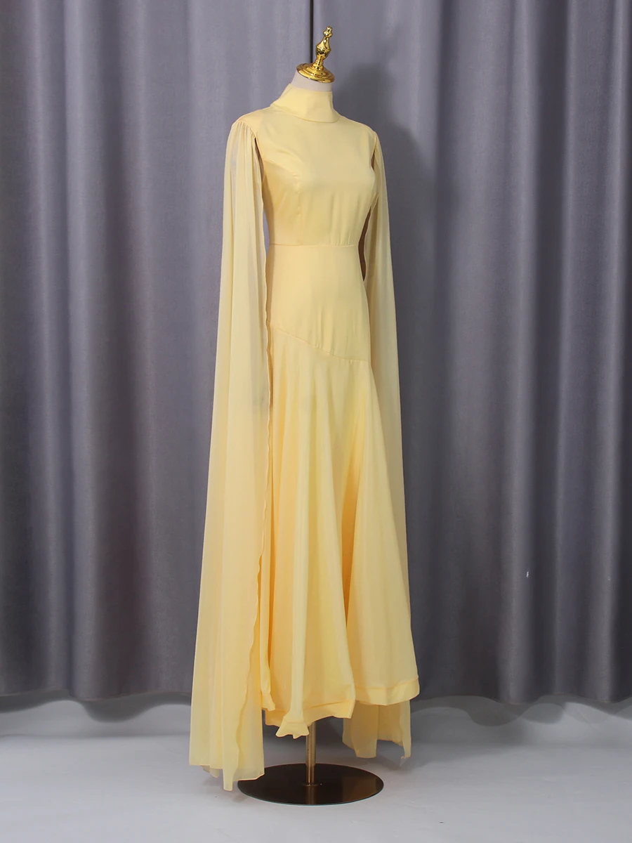 VGH Elegante gele cape-mouw galajurk voor dames, met opstaande kraag, slanke bodycon pasvorm, zwierige geruite mesh, voor een luxueus diner