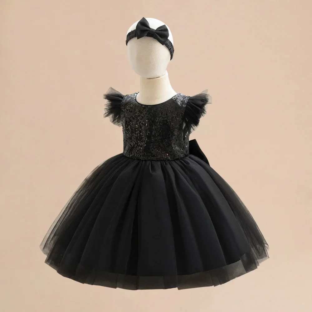 Fluffy Christmas Girls Princess Black Dress Sequins Halloween Baby Kids Evening Party Prom Gown Tulle Summer Children Dresses