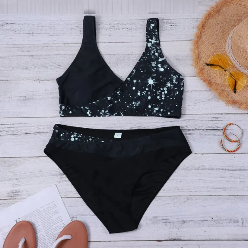 المرأة تألق المطبوعة الترتر مجموعة البكيني مثير قطعتين ملابس السباحة لامع شين عالية الخصر أسفل و رفع أعلى مثير الصيف